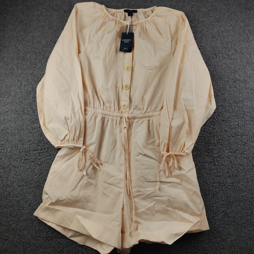 J.Crew Romper Peach Cotton Button Front Pockets Size XS Puff Sleeve